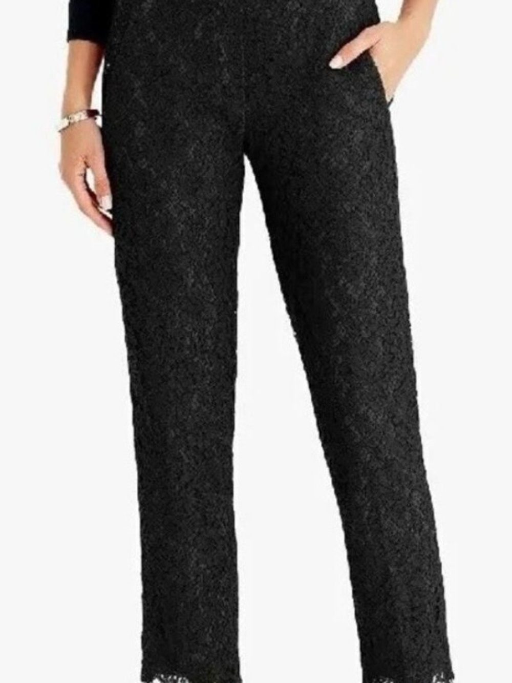 J Crew size 4 Lace Overlay pants black like new scalloped lace trim edges